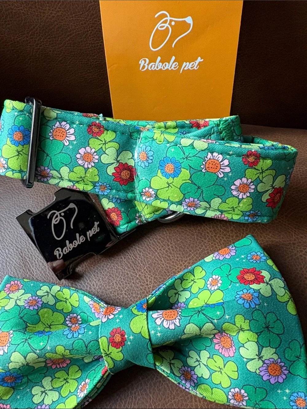 Green Clover Pattern Adjustable Dog Collar with Removable Bow